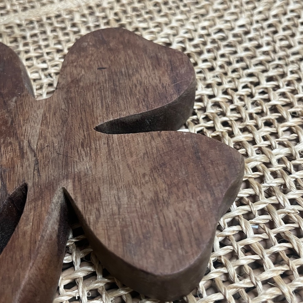 Vintage Carved Wood Four Leaf Clover Trivet | Rustic Lucky Clover Decor - Picture 2 of 3